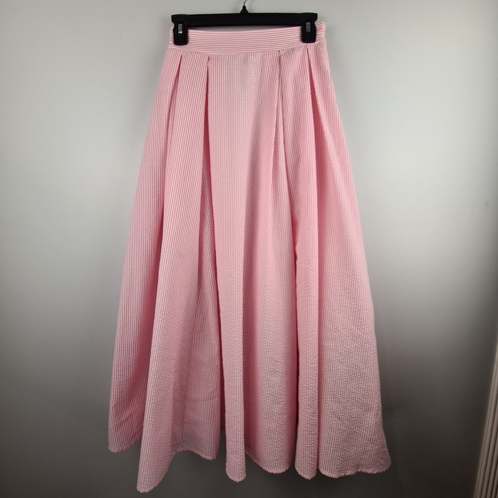MABLE Pink White Seersucker Stripe Pleated Maxi Skirt S Preppy Summer Stretch